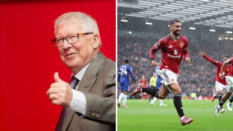 Split image of legendary Manchester United manager Sir Alex Ferguson and club captain Bruno Fernandes.