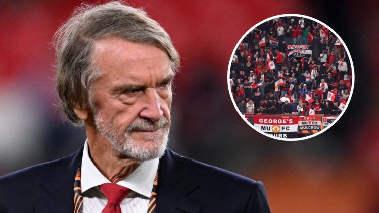 Manchester United co-owner Sir Jim Ratcliffe, inset of Manchester United fans at Old Trafford.