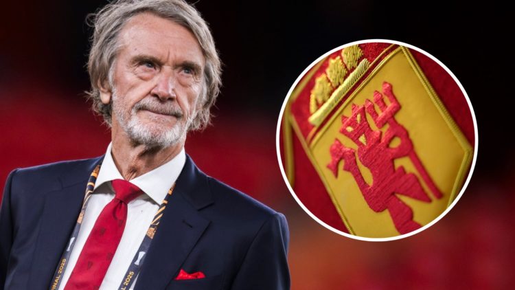 Manchester United co-owner Sir Jim Ratcliffe, inset of Manchester United badge.