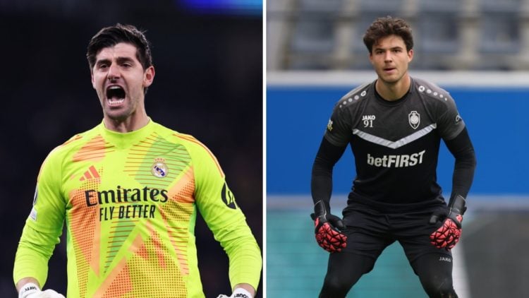 Split image of Real Madrid goalkeeper Thibaut Courtois and Manchester United signing Senne Lammens.
