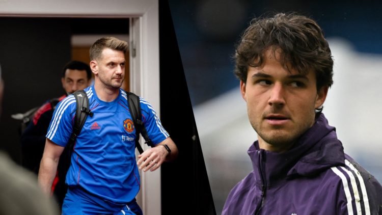 Split image, Tom Heaton wearing blue Manchester United training top arriving for game and Senne Lammens close up image in training.