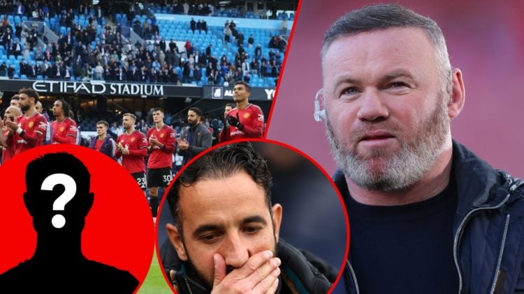 Manchester United players after the Manchester City match, inset Premier League legend Wayne Rooney, inset Ruben Amorim at the Etihad.