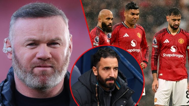 Amazon Prime pundit Wayne Rooney, inset Manchester United players Bryan Mbeumo, Casemiro and Bruno Fernandes, inset Ruben Amorim.