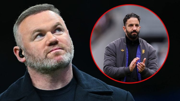 Manchester United and England legend Wayne Rooney, inset Ruben Amorim at the Gtech Community Stadium for the Premier League match against Brentford.