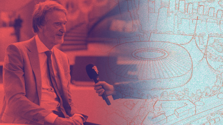 Split image of Sir Jim Ratcliffe and Manchester United's proposed new stadium