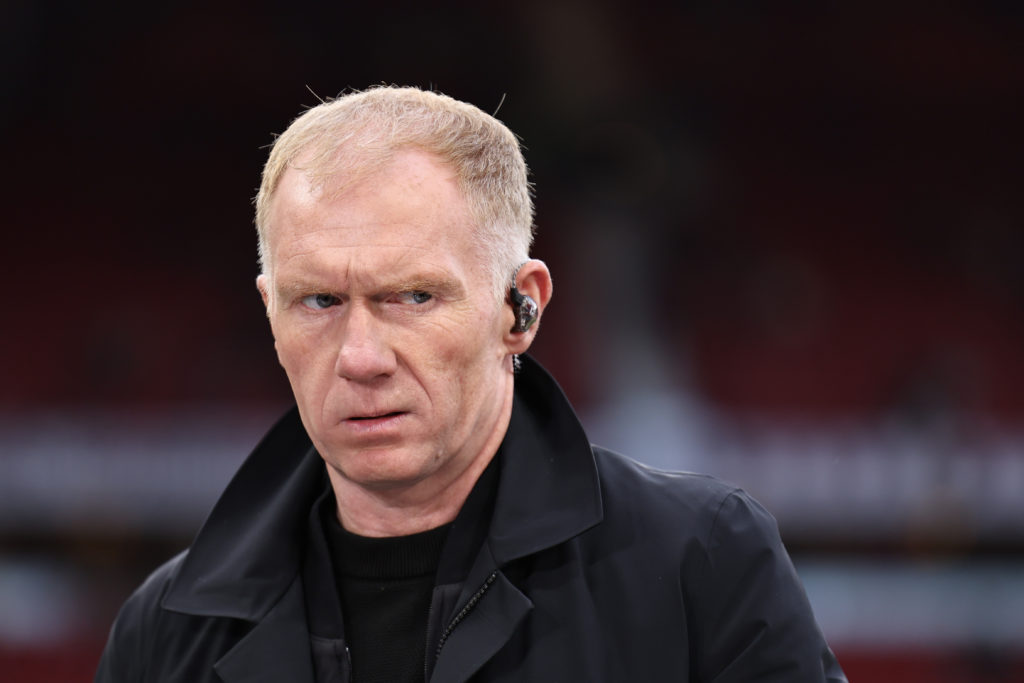 Paul Scholes working as a television pundit looking unhappy.