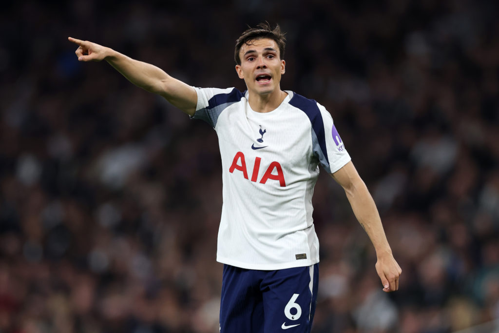 Tottenham Hotspur midfielder Joao Palhinha pointing.