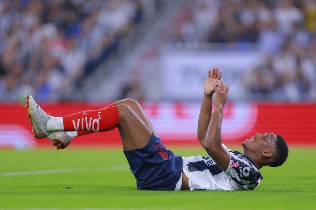 Anthony Martial of Monterrey lies on the pitch during the 13th round match between Monterrey and Pumas UNAM as part of the Torneo Apertura 2025 Liga MX at BBVA Stadium on October 18, 2025