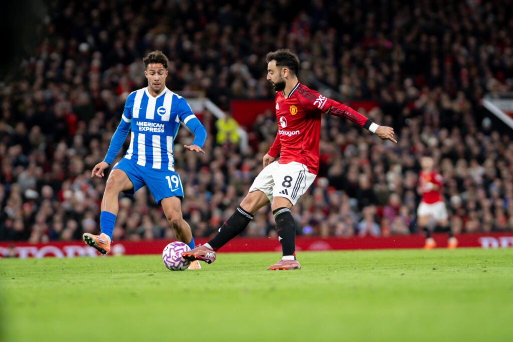 Bruno Fernandes of Manchester United controls the ball during the Premier League match between Manchester United and Brighton & Hove Albion at Old Trafford on October 25, 2025