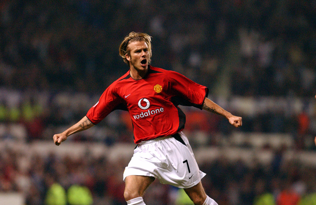 David Beckham scoring a goal at Old Trafford