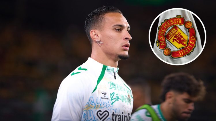 Antony split image with Man Utd crest