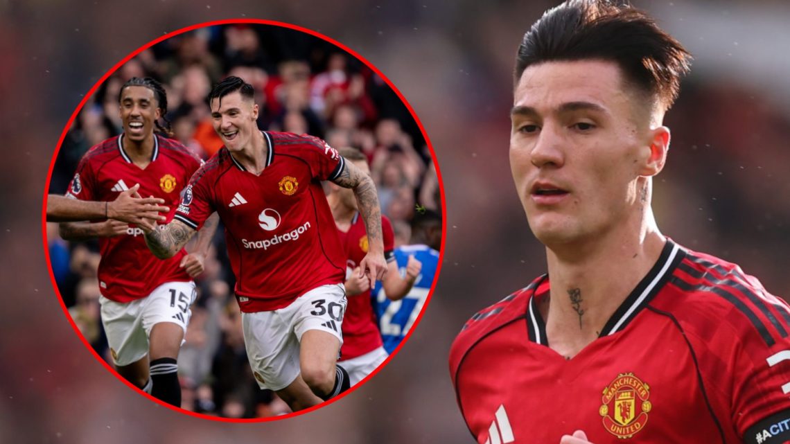 Benjamin Sesko celebrates during the Premier League match between Manchester United and Sunderland at Old Trafford, inset the Red Devils summer sig...