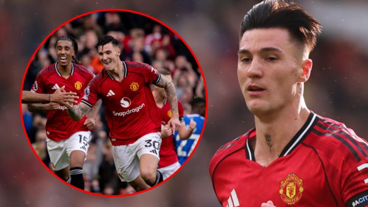 Benjamin Sesko celebrates during the Premier League match between Manchester United and Sunderland at Old Trafford, inset the Red Devils summer sig...