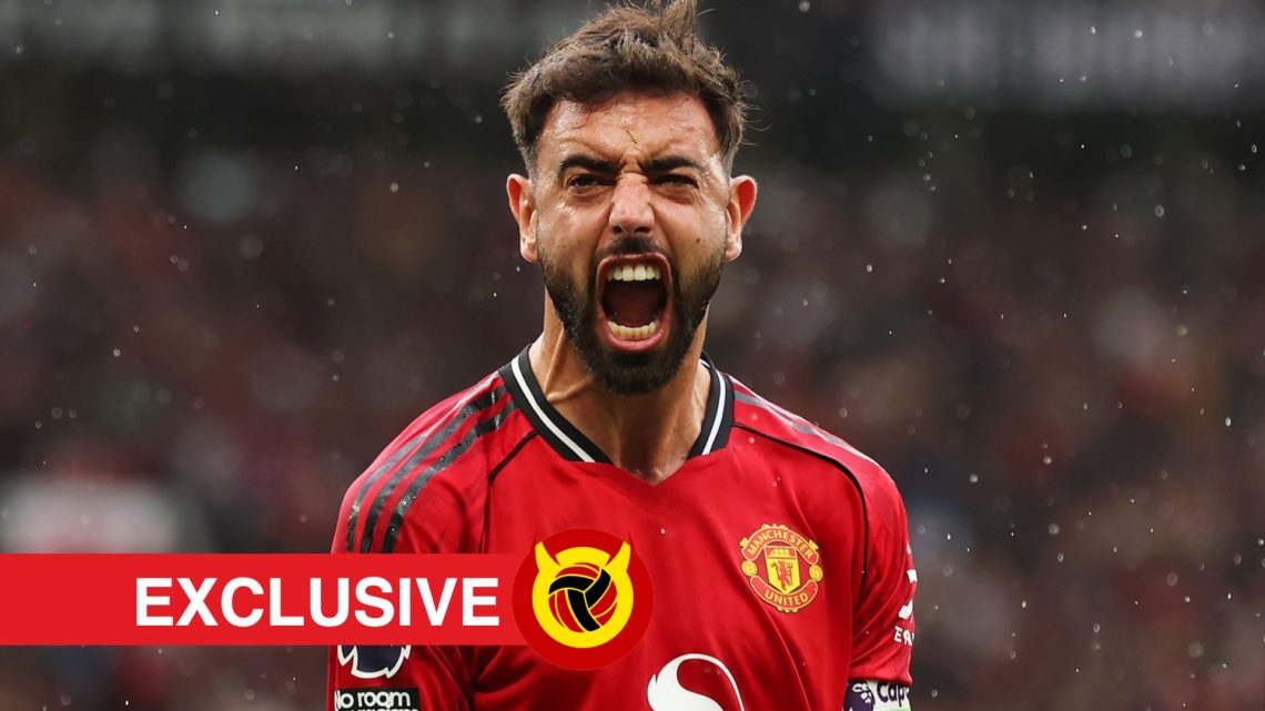 Bruno Fernandes celebrates by shouting for Manchester United. Overlaid UIF logo and exclusives banner.