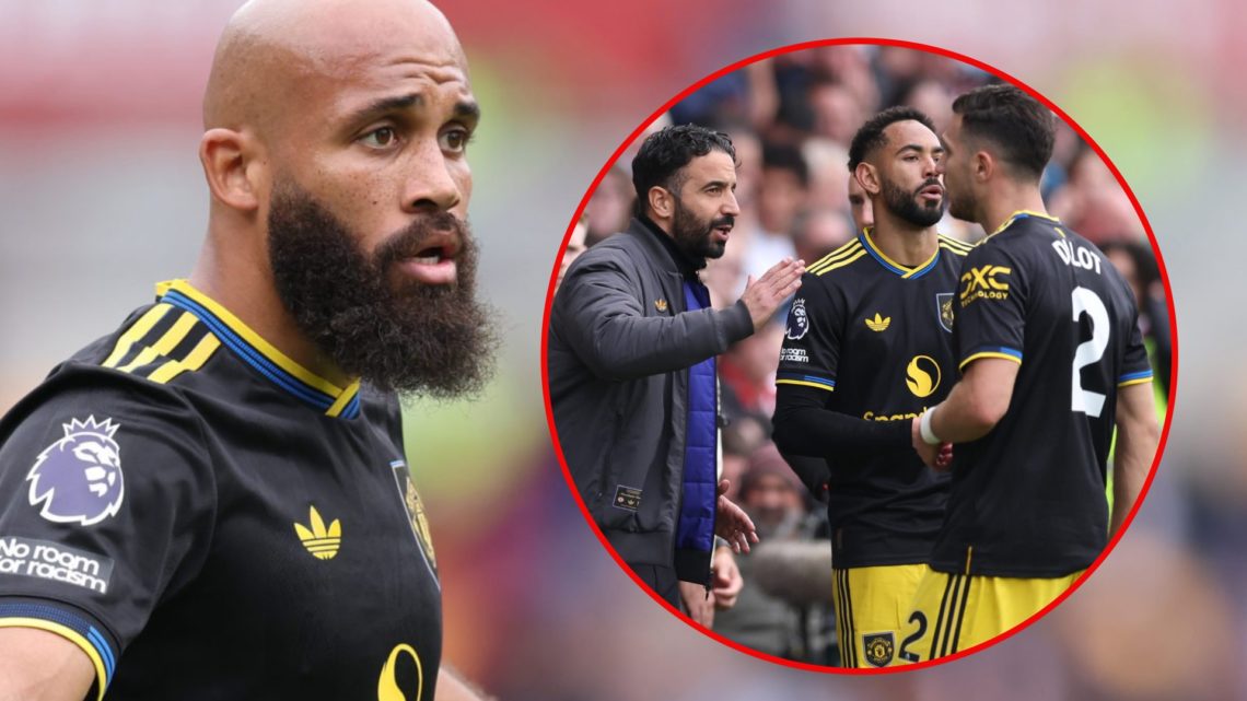 Bryan Mbeumo during the Premier League match between Brentford and Manchester United at the Gtech Community Stadium, inset manager Ruben Amorim.