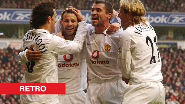 Diego Forlan celebrates goal with Manchester United teammates split image and retro banner