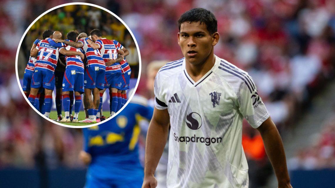 Diego Leon split image with Fortaleza players in huddle
