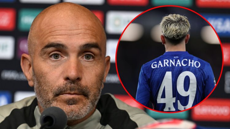 Chelsea manager Enzo Maresca, inset former Manchester United star Alejandro Garnacho during the Champions League match against Benfica at Stamford ...