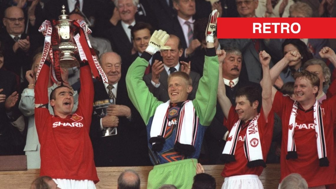Eric Cantona lifting the FA Cup in 1996 split image with retro banner