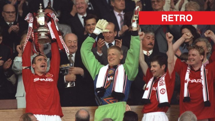 Eric Cantona lifting the FA Cup in 1996 split image with retro banner