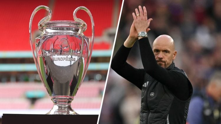 Erik ten Hag split image with Champions League trophy