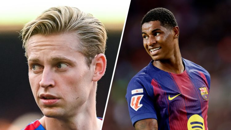 Split image, Frenkie de Jong head shot image and Marcus Rashford playing for Barcelona smiling while looking sideways.