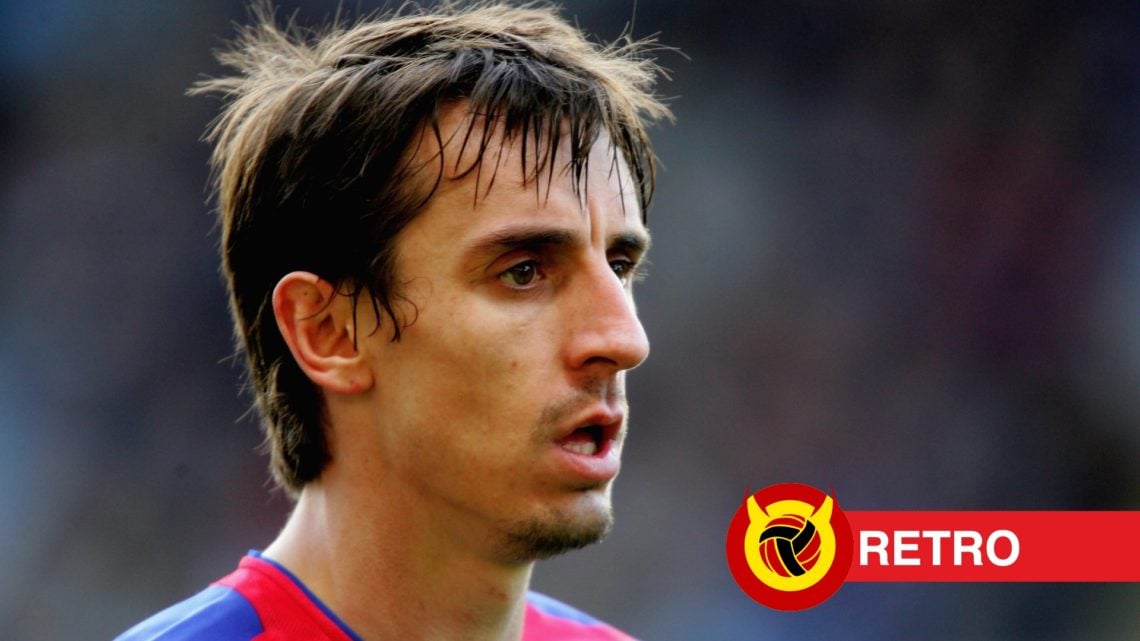 Gary Neville close up head shot turned to the side in 2005. overlaid UIF logo and retro banner.