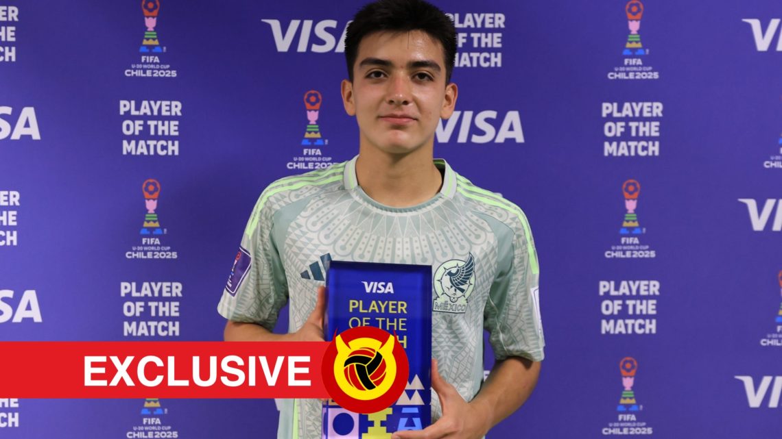 Gilberto Mora with man of the match award during U20 World Cup. Overlaid UIF logo and exclusive banner.