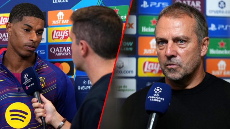 Hansi Flick after the Champions League match between Barcelona and PSG at the Lluis Companys Olympic Stadium, inset Manchester United player Marcus...