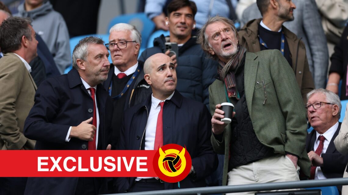 Jason Wilcox, Omar Berrada and Sir Jim Ratcliffe in stands. Overlaid UIF logo and exclusives banner.
