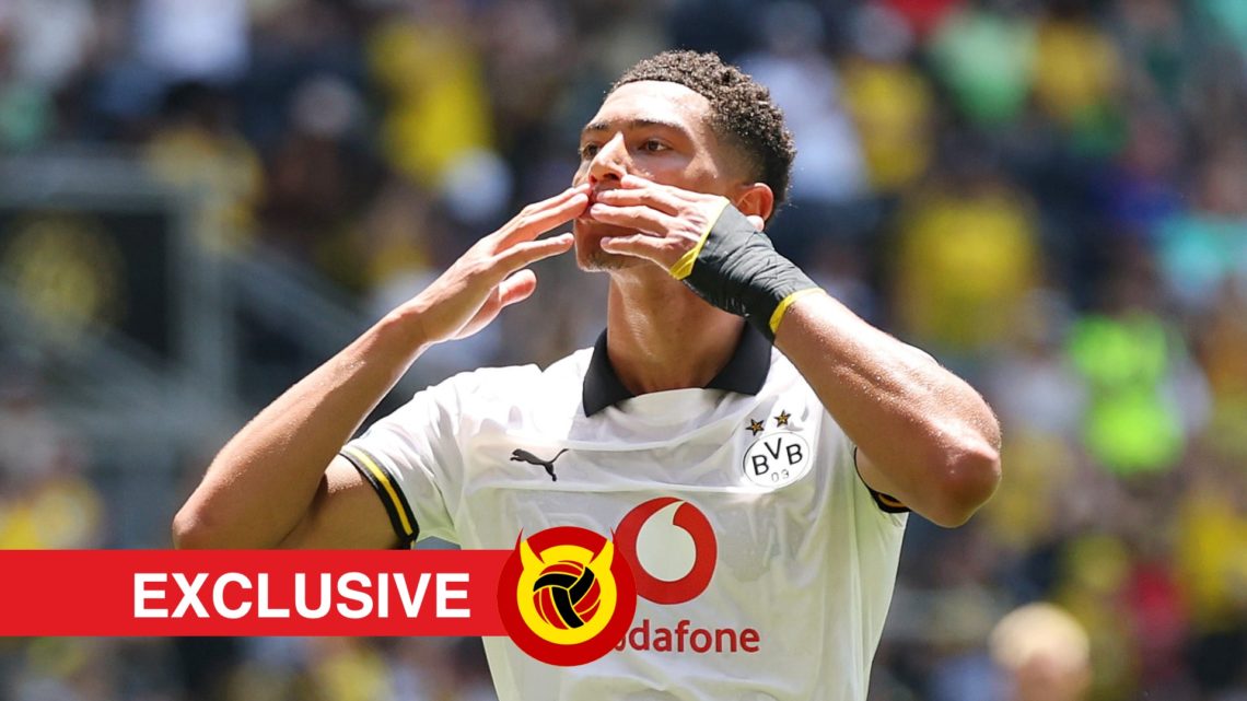 Jobe Bellingham celebrates scoring for Borussia Dortmund. Overlaid UIF logo and exclusive banner.