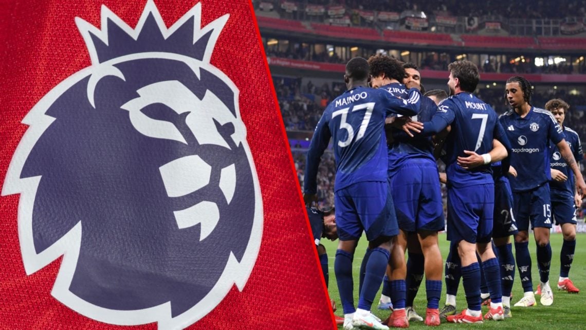 Joshua Zirkzee celebrates with his teammates during the Europa League match between Lyon and Manchester United, inset the Premier League logo.