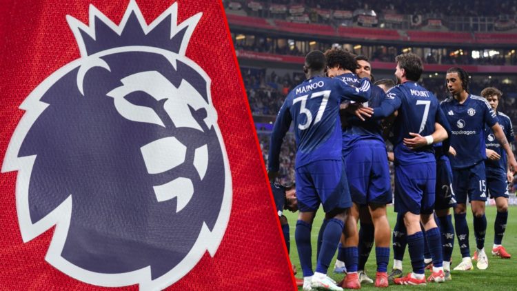 Joshua Zirkzee celebrates with his teammates during the Europa League match between Lyon and Manchester United, inset the Premier League logo.