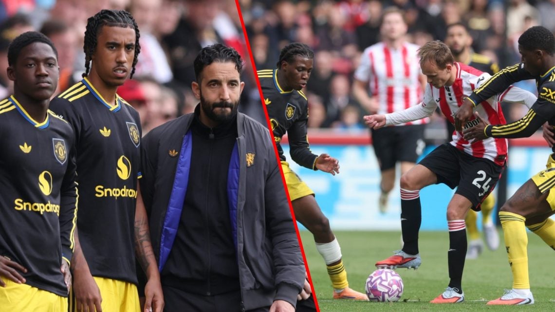 Ruben Amorim with Kobbie Mainoo and Leny Yoro during the Premier League match against Brentford, inset the Manchester United midfielder at the Gtec...