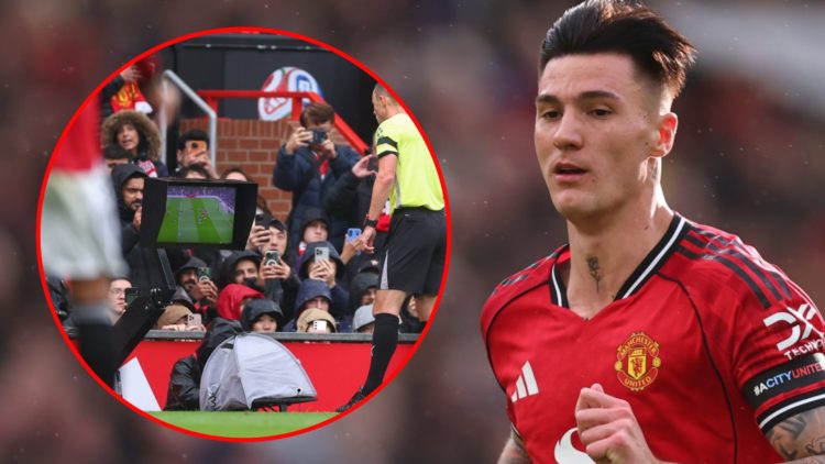 Benjamin Sesko during the Premier League match between Manchester United and Sunderland at Old Trafford in 2025, inset VAR in action during the clash.
