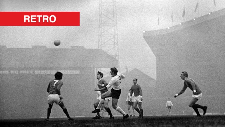 Manchester United playing Liverpool split image with retro banner
