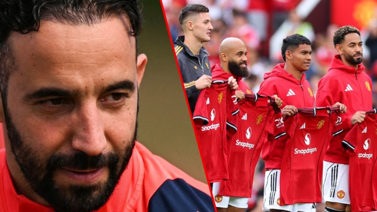 Manchester United head coach Ruben Amorim at the Carrington training complex, inset summer signing Benjamin Sesko at Old Trafford.