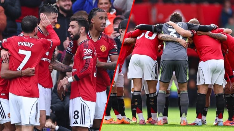 The Manchester United team huddle during the Premier League match between Manchester United and Sunderland at Old Trafford, inset the players in th...