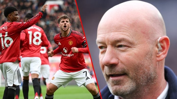 Mason Mount celebrates during the Premier League match between Manchester United and Sunderland at Old Trafford in 2025, inset Alan Shearer.