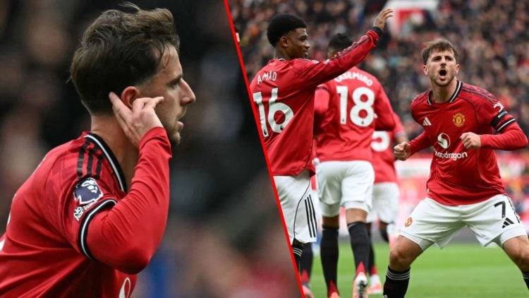 Mason Mount celebrates after scoring during the Premier League match between Manchester United and Sunderland at Old Trafford, inset the Red Devils...