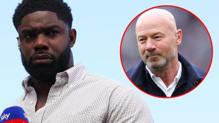 Sky Sports pundit Micah Richards during the Premier League match between Manchester United and Arsenal at Old Trafford, inset Alan Shearer.