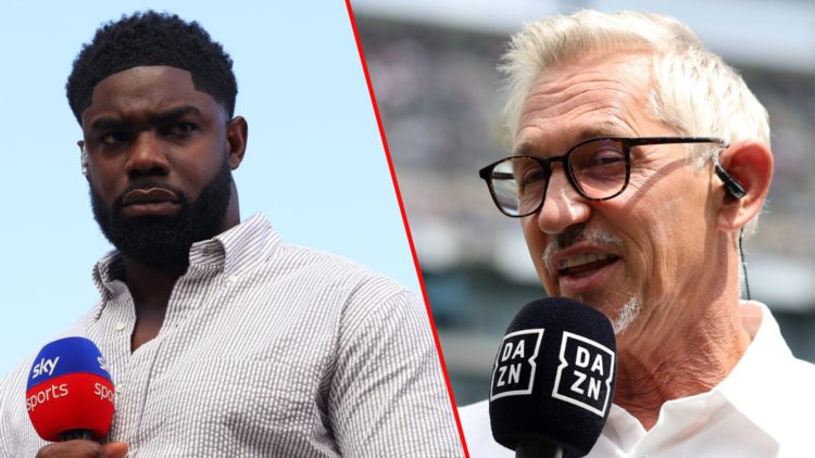 Former England and Barcelona striker Gary Lineker talks on DAZN, inset Sky Sports pundit and The Rest Is Football co-host Micah Richards.