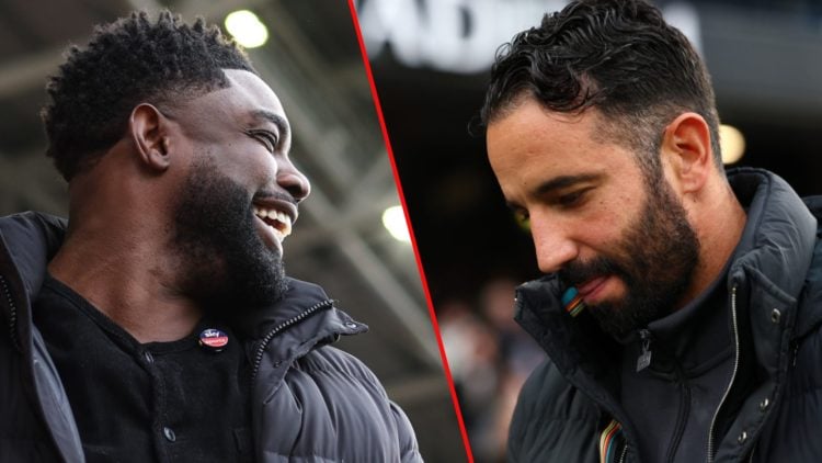 Sky Sports pundit Micah Richards, inset Ruben Amorim during the Premier League match between Manchester City and Manchester United at the Etihad St...
