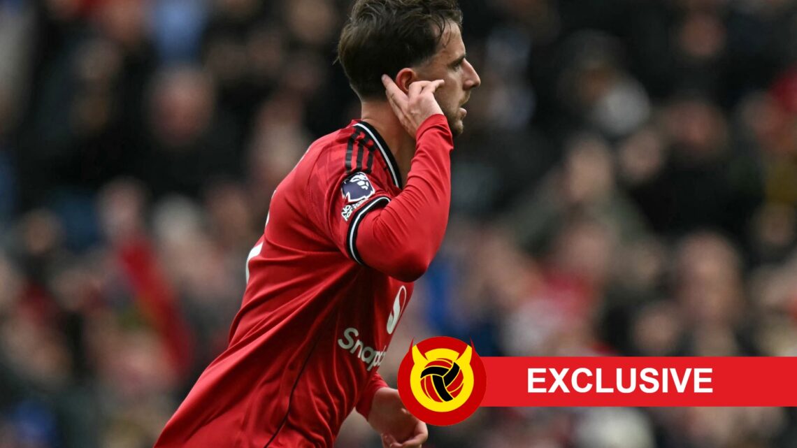 Mason Mount celebrating in Man Utd jersey, United in Focus exclusive band