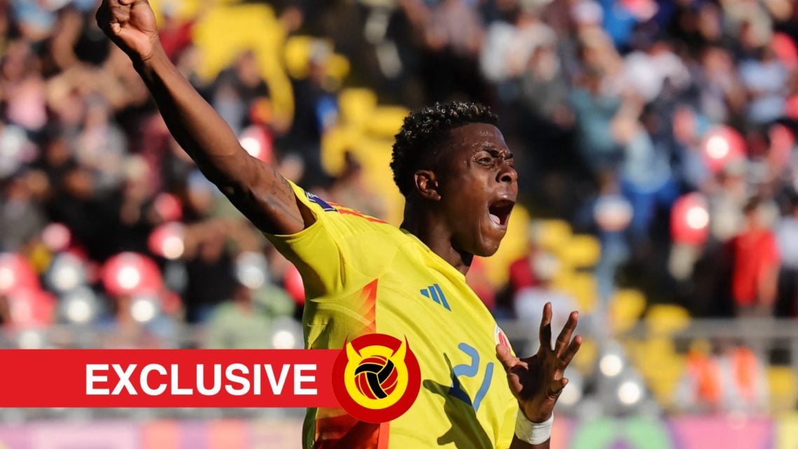 Neiser Villarreal celebrates for Colombia. Overlaid UIF logo and exclusives banner.