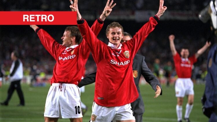 Ole Gunnar Solskjaer at Camp Nou split image with retro banner