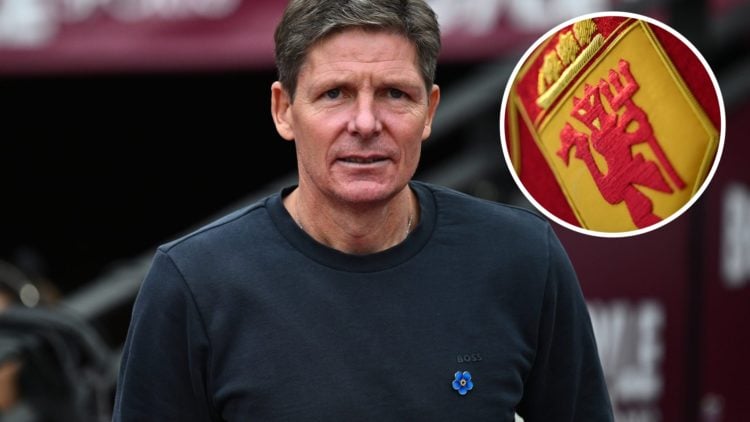 Oliver Glasner split image with Manchester United crest