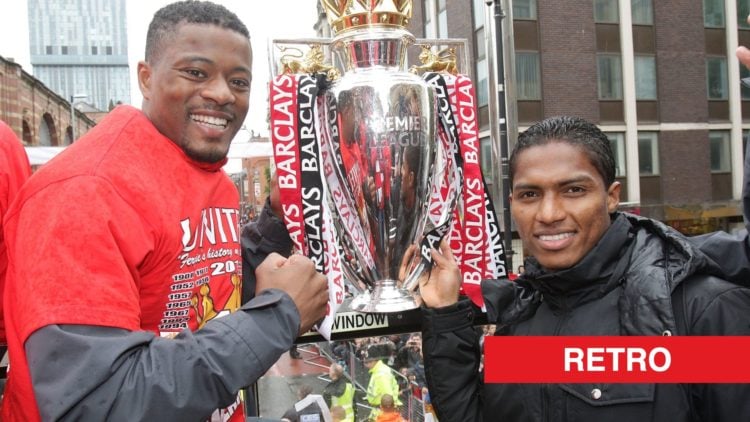 Patrice Evra and Antonio Valencia split image with retro banner