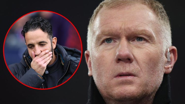 Paul Scholes during the Champions League match between Manchester United and Bayern Munich at Old Trafford, inset Red Devils head coach Ruben Amorim.