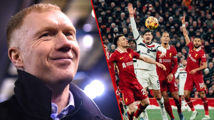 Manchester United legend and TNT Sports pundit Paul Scholes, inset Red Devils players against Liverpool players in the Premier League match at Anfi...